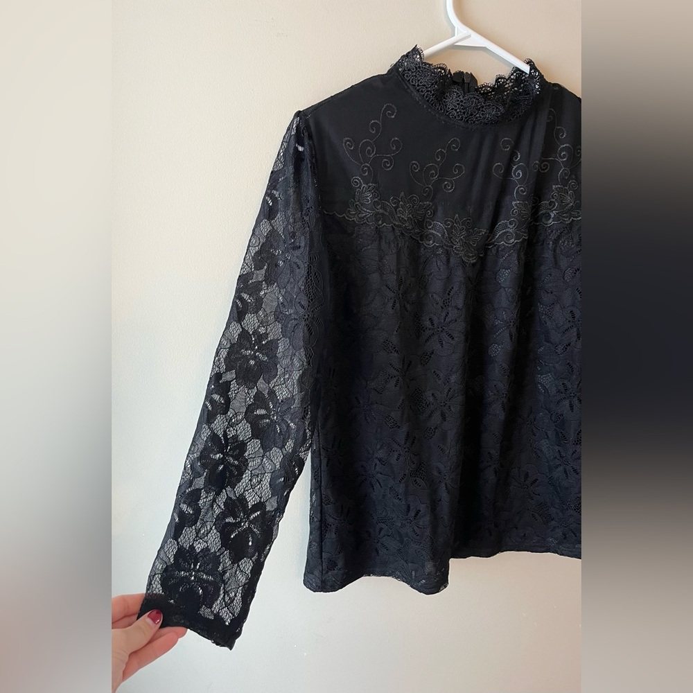 Victorian Style High Neck Black Lace Long Sleeve Blouse Size Small - witchcore - Picture 4 of 9